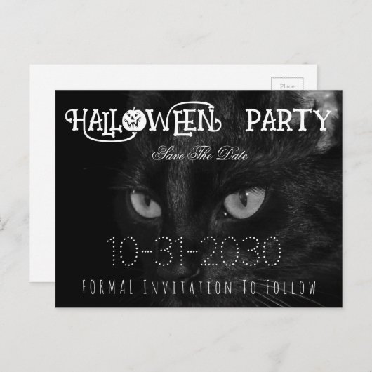 黒い猫の目のハローウィンパーティ日付を保存 案内ポストカード (正面/裏面)