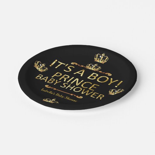 黒い王室の金ゴールド王子の赤ちゃん男の子をシャワー ペーパープレート (アングル)