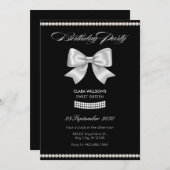 黒い甘いリボンパールの誕生日 招待状 (正面/裏面)