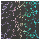 黒い生地の電気虹のノートそしてクレフ、音符記号 ファブリック (クローズアップ)