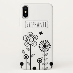 黒い白いシンプル花と名前フローラ iPhone X ケース