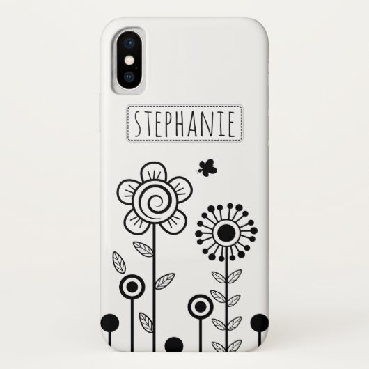 黒い白いシンプル花と名前フローラ Case-Mate iPhoneケース (裏面)