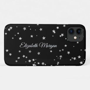 黒い白いスクリプト名に大きな銀の星 iPhone 11 ケース
