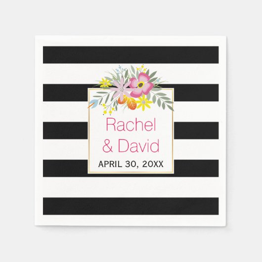 黒い白いストライプピンクの民俗結婚花 スタンダードカクテルナプキン (正面)