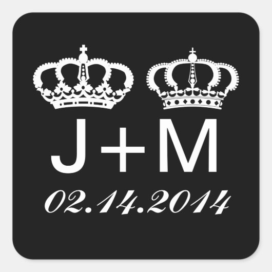 黒い白のロイヤル・カップルの結婚式の好意ステッカー スクエアシール (正面)