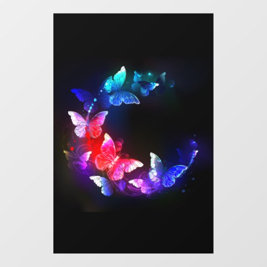 黒い白熱［赤熱］光を放つ背景にネオンの夜蝶 ウィンドウサイン (シート)