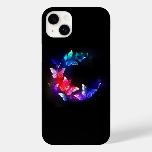 黒い白熱［赤熱］光を放つ背景にネオンの夜蝶 Case-Mate iPhoneケース (裏面)