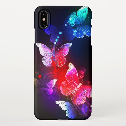 黒い白熱［赤熱］光を放つ背景にネオンの夜蝶 iPhoneケース (裏面)