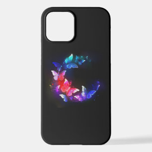 黒い白熱［赤熱］光を放つ背景にネオンの夜蝶 iPhone 12ケース