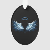 黒い白熱［赤熱］光を放つ背景の青いエンジェルウィングス オーナメント (裏面)