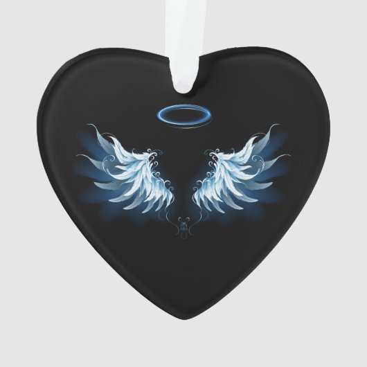 黒い白熱［赤熱］光を放つ背景の青いエンジェルウィングス オーナメント (裏面)