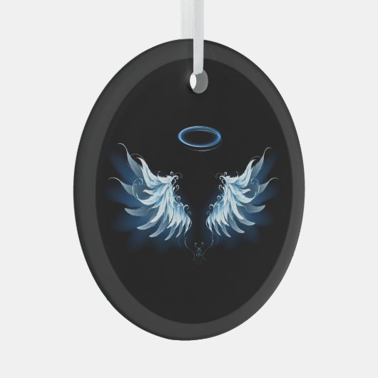 黒い白熱［赤熱］光を放つ背景の青いエンジェルウィングス ガラスオーナメント (正面右)