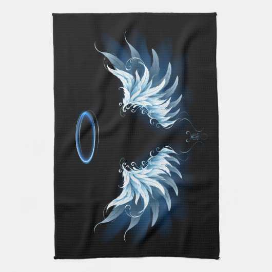 黒い白熱［赤熱］光を放つ背景の青いエンジェルウィングス キッチンタオル (縦)