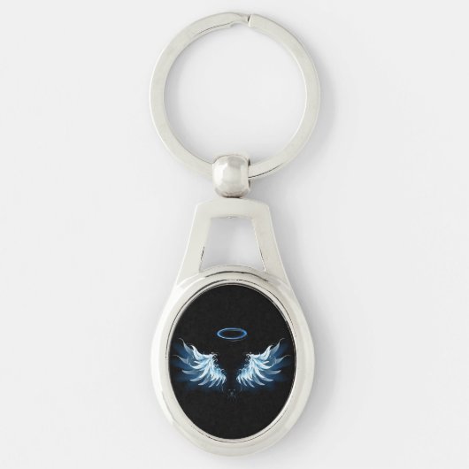 黒い白熱［赤熱］光を放つ背景の青いエンジェルウィングス キーホルダー (正面)