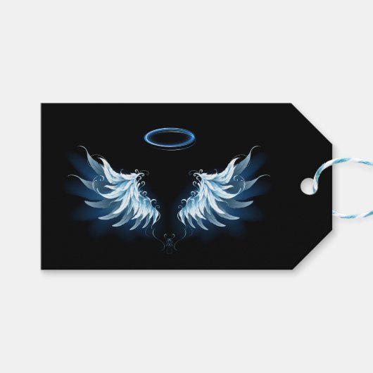 黒い白熱［赤熱］光を放つ背景の青いエンジェルウィングス ギフトタグ (正面(横))