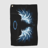黒い白熱［赤熱］光を放つ背景の青いエンジェルウィングス ゴルフタオル (正面)
