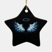 黒い白熱［赤熱］光を放つ背景の青いエンジェルウィングス セラミックオーナメント (裏面)