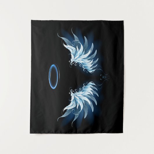 黒い白熱［赤熱］光を放つ背景の青いエンジェルウィングス タペストリー (正面)