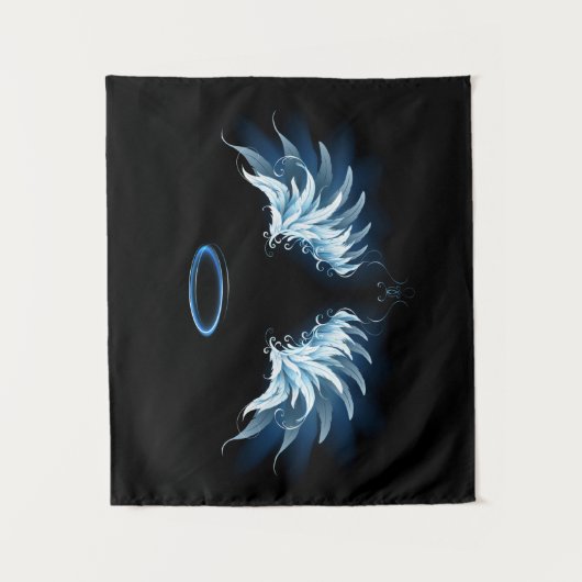 黒い白熱［赤熱］光を放つ背景の青いエンジェルウィングス タペストリー (正面)