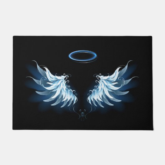 黒い白熱［赤熱］光を放つ背景の青いエンジェルウィングス ドアマット (正面)