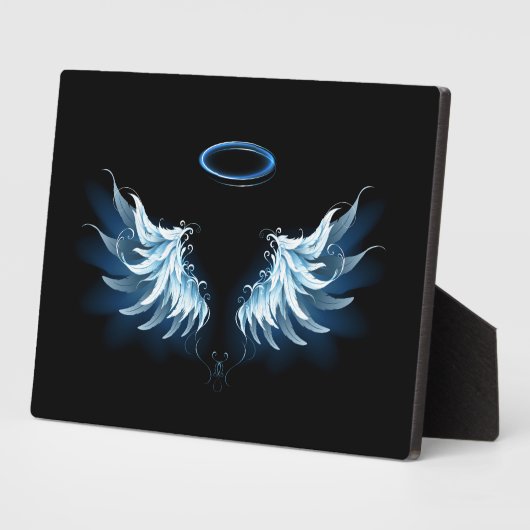 黒い白熱［赤熱］光を放つ背景の青いエンジェルウィングス フォトプラーク (側面)