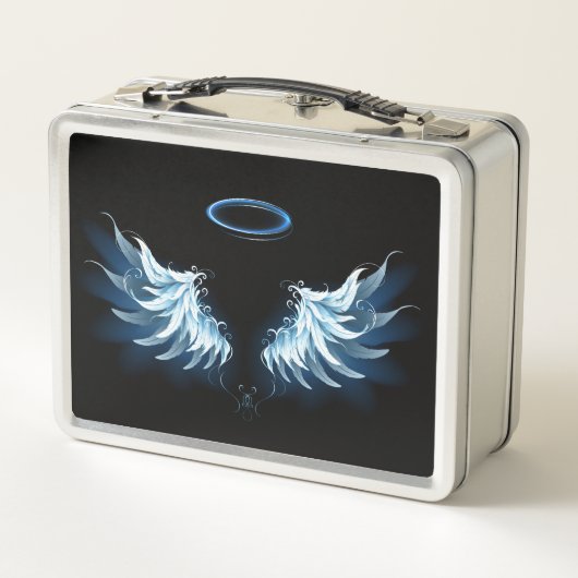 黒い白熱［赤熱］光を放つ背景の青いエンジェルウィングス メタルランチボックス (裏面)