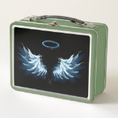 黒い白熱［赤熱］光を放つ背景の青いエンジェルウィングス メタルランチボックス (正面)