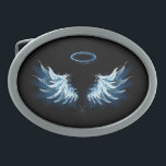 黒い白熱［赤熱］光を放つ背景の青いエンジェルウィングス 卵形バックル<br><div class="desc">黒い背芸術的景に光、青い天使の翼。天使の翼。</div>