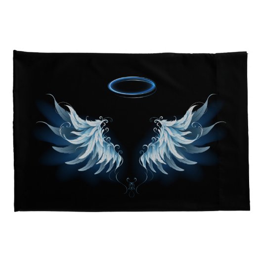 黒い白熱［赤熱］光を放つ背景の青いエンジェルウィングス 枕カバー (裏面-右)