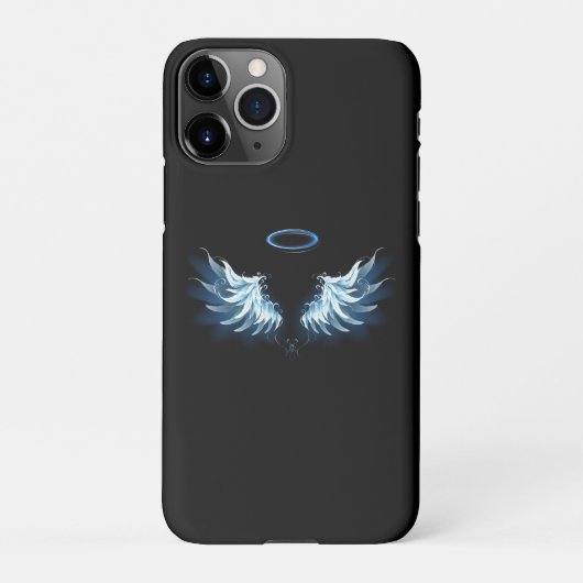 黒い白熱［赤熱］光を放つ背景の青いエンジェルウィングス iPhoneケース (裏面)