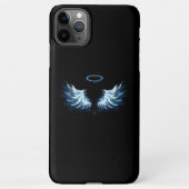 黒い白熱［赤熱］光を放つ背景の青いエンジェルウィングス iPhoneケース (裏面)