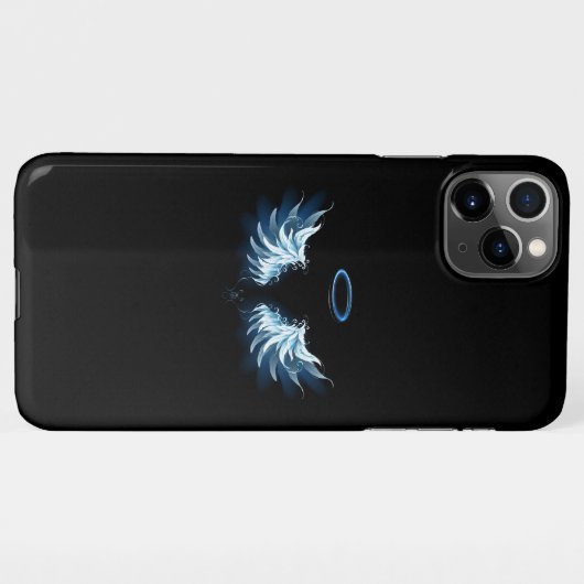 黒い白熱［赤熱］光を放つ背景の青いエンジェルウィングス iPhoneケース (裏面横)