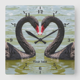 黒い白鳥2羽をハート状にパーソナライズ スクエア壁時計