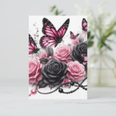 黒い真珠を持つピンクの蝶とバラ サンキューカード (スタンド正面)