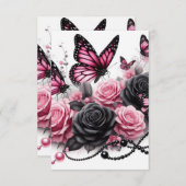 黒い真珠を持つピンクの蝶とバラ サンキューカード (正面/裏面)
