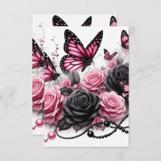 黒い真珠を持つピンクの蝶とバラ サンキューカード (正面/裏面)