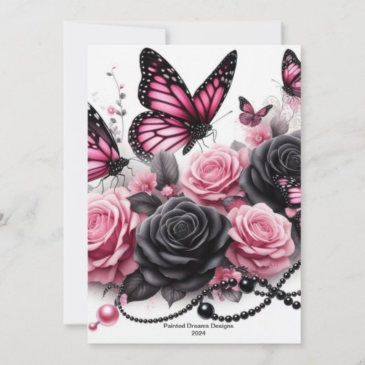 黒い真珠を持つピンクの蝶とバラ 招待状 (裏面)