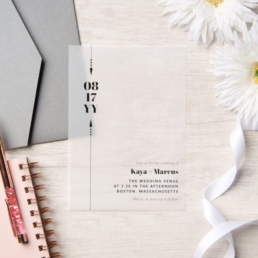 黒い矢印と日付写真結婚の ベラム紙招待状 (ウェディング)