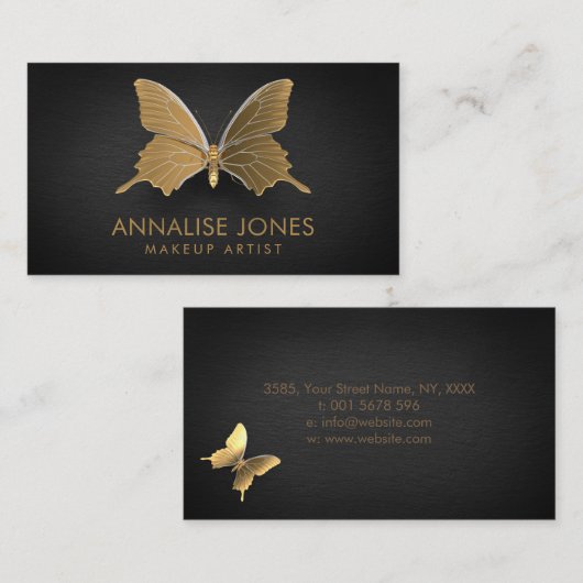 黒い石板の贅沢でシックな金ゴールドの蝶 名刺 (正面/裏面)