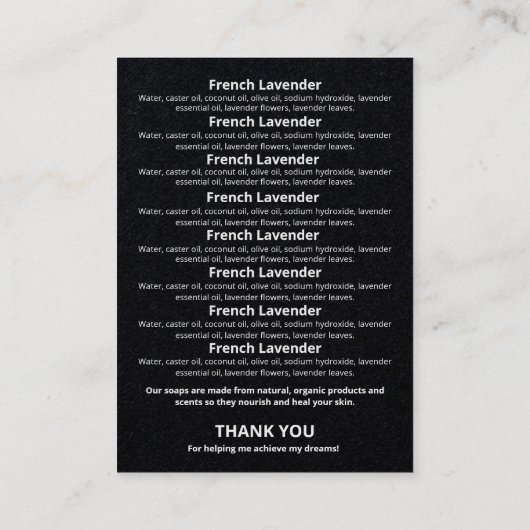 黒い石鹸の香りの材料リストのロゴ 名刺 (裏面)