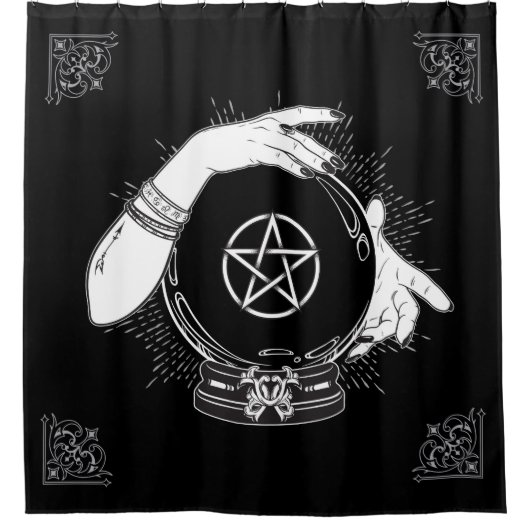 黒い神秘的な占い師の神秘的なクリスタルボール シャワーカーテン (正面)