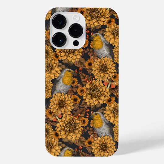 黒い秋の庭のロビンズ iPhoneケース (裏面)