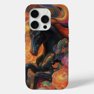 黒い種馬の花のアートデザイン iPhone 15 PROケース