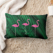 黒い空のフラミンゴ及び熱帯シュロの葉 ランバークッション (ブランケット)