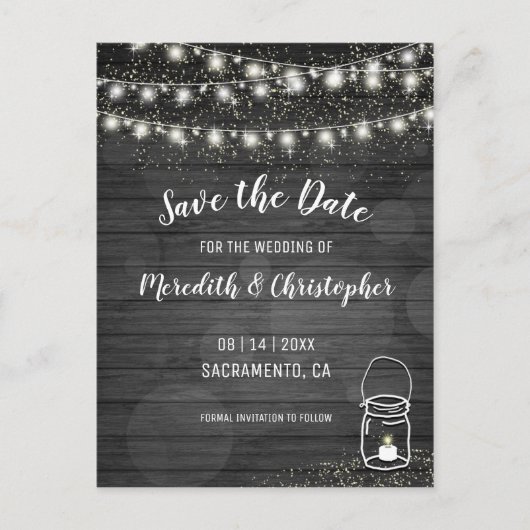 黒い素朴文字列ライト結婚式の日付を保存 案内ポストカード (正面)