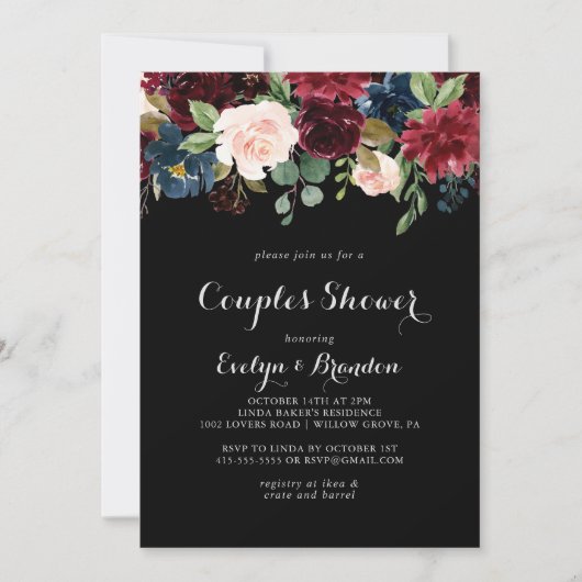黒い素朴植物性カップルのシャワー 招待状 (正面)