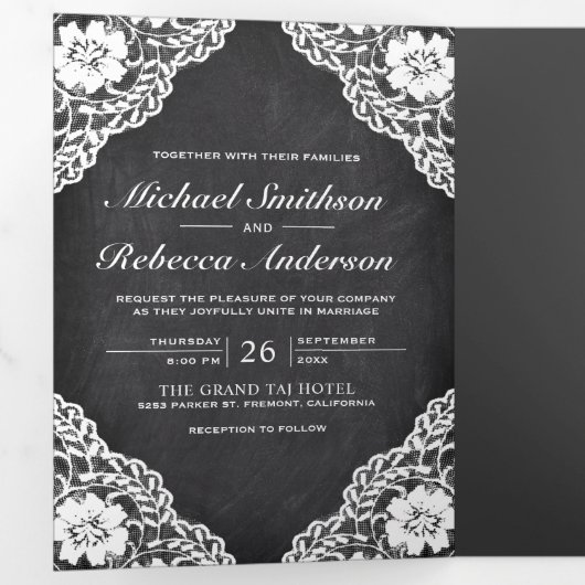 黒い素朴黒板レースのストリングラ結婚イト 三つ折り招待状 (内部最初)