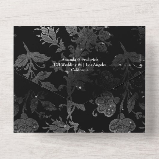 黒い紫と銀のフローラ結婚すべて オールインワン招待状 (裏面)