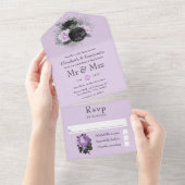 黒い紫と銀のフローラ結婚すべて オールインワン招待状 (貼ってはがせる)