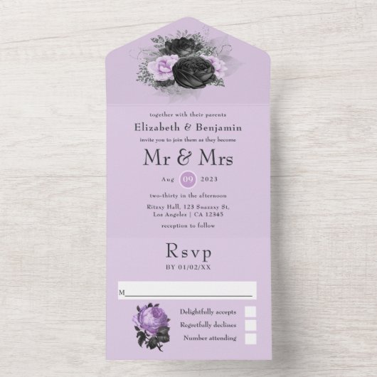 黒い紫と銀のフローラ結婚すべて オールインワン招待状 (内側)